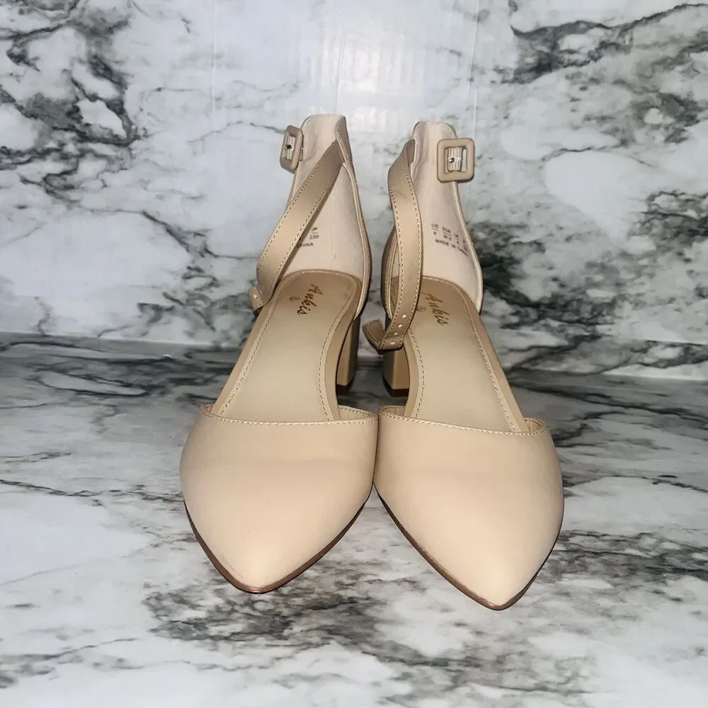 Ankis Nude Pumps Women Size 6 Pointed Toe 2.25” Block Heel Ankle Strap Box